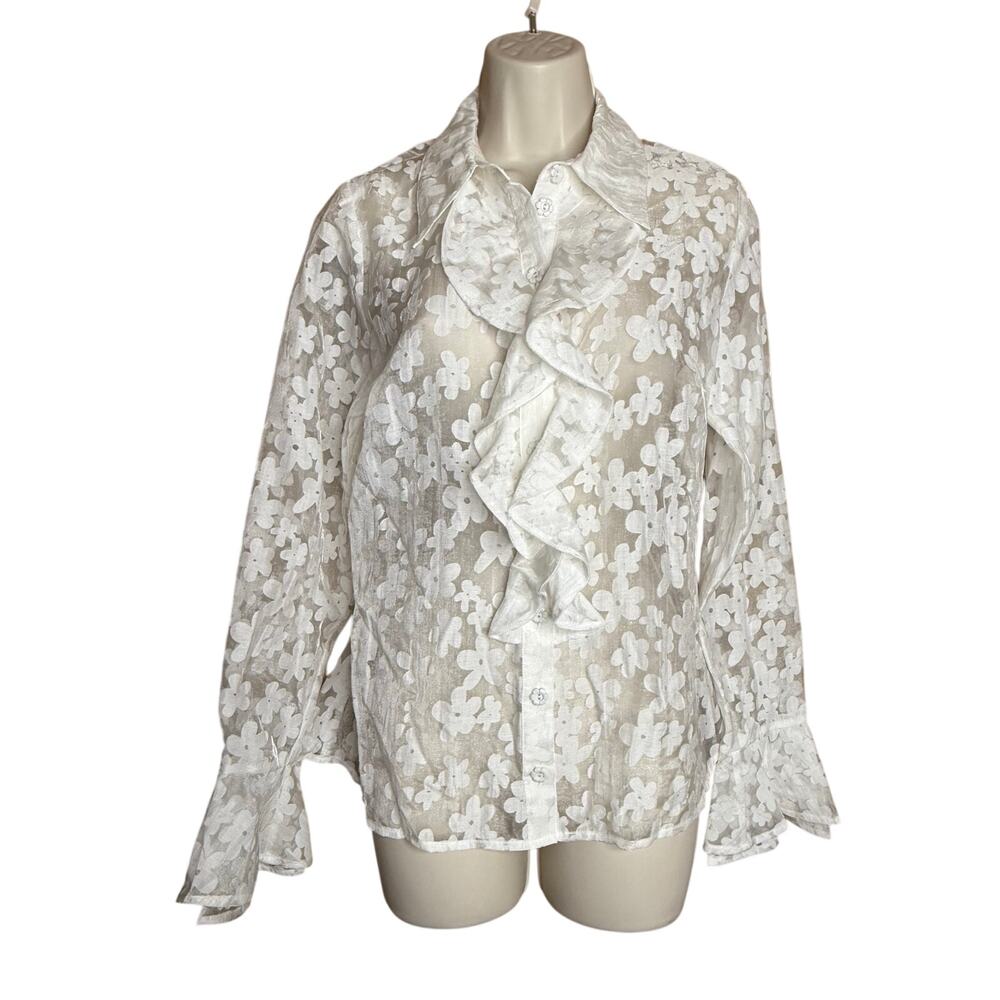 Smak Parlour Unique Vintage White Floral Sheer Ruffle Blouse M NWOT